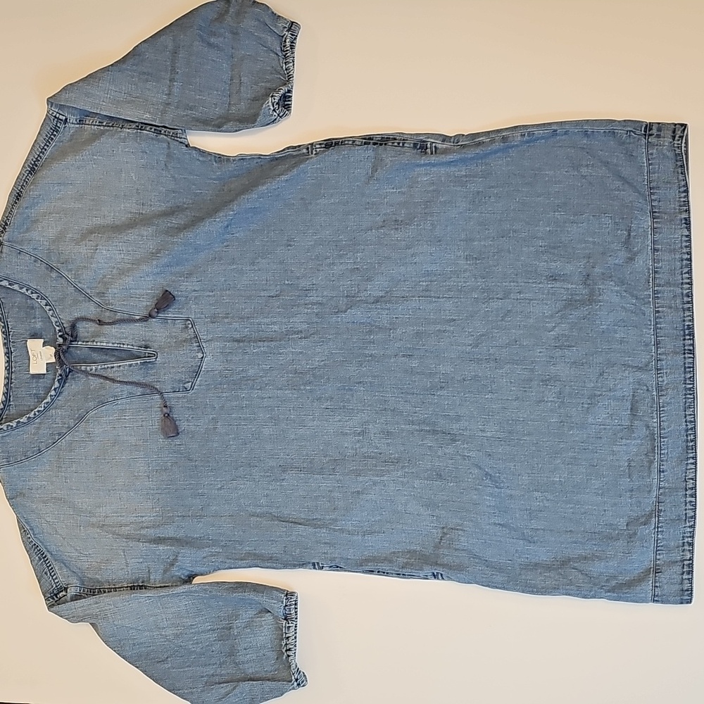 Loft Lounge Denim Tunic Dress Womens M Summer Casual Tassels Boho Beach EUC